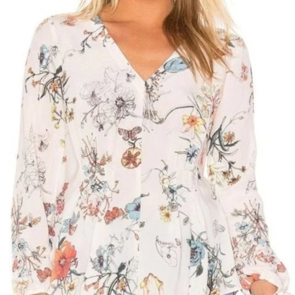 Rebecca Taylor Blush Pink Silk Floral Meadow Bell Sleeve Top